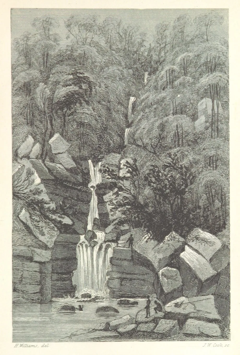 A waterfall in Sarawak.  Hugh Low, 'Sarawak; its inhabitants and productions; being notes during a residence in that country with the Rajah Brooke.'