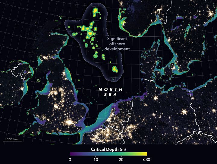 An image of a global atlas of how far light pollution peneratres the ocean's surface at night