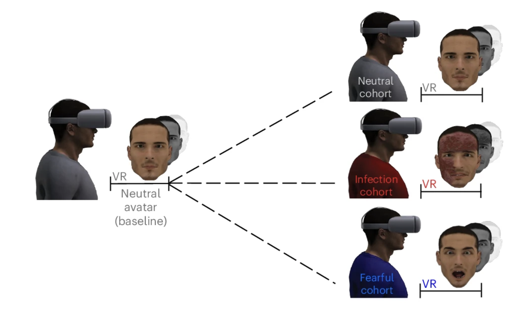 a diagram showing the three different options for faces seen in virtual reality: neutral, infectious and fearful