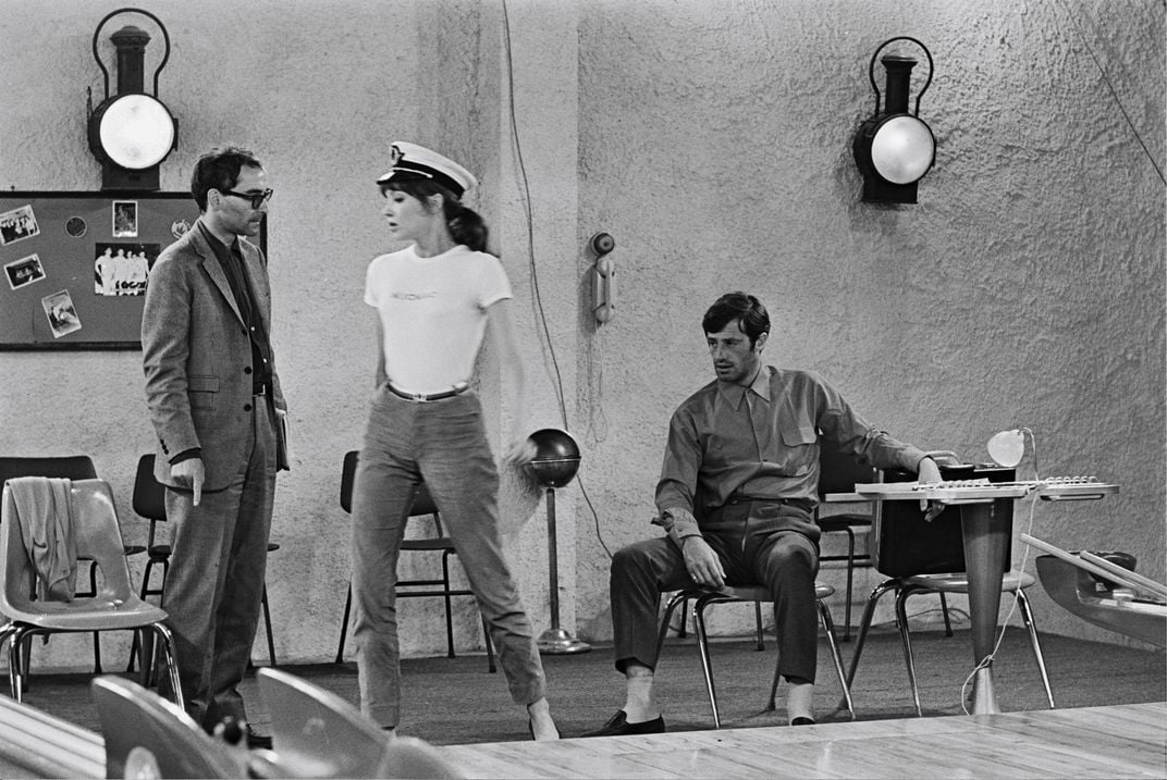 Jean-Luc Godard, Anna Karina and Jean-Paul Belmondo shooting Pierrot le Fou