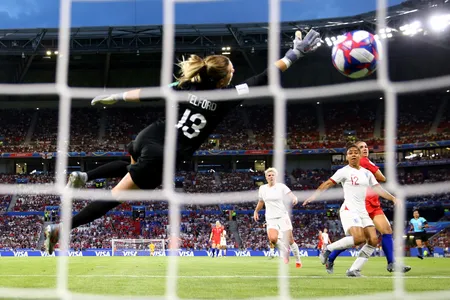 Alex Morgan scores the U.S. team's second goal against England during the 2019 FIFA Women's World Cup.