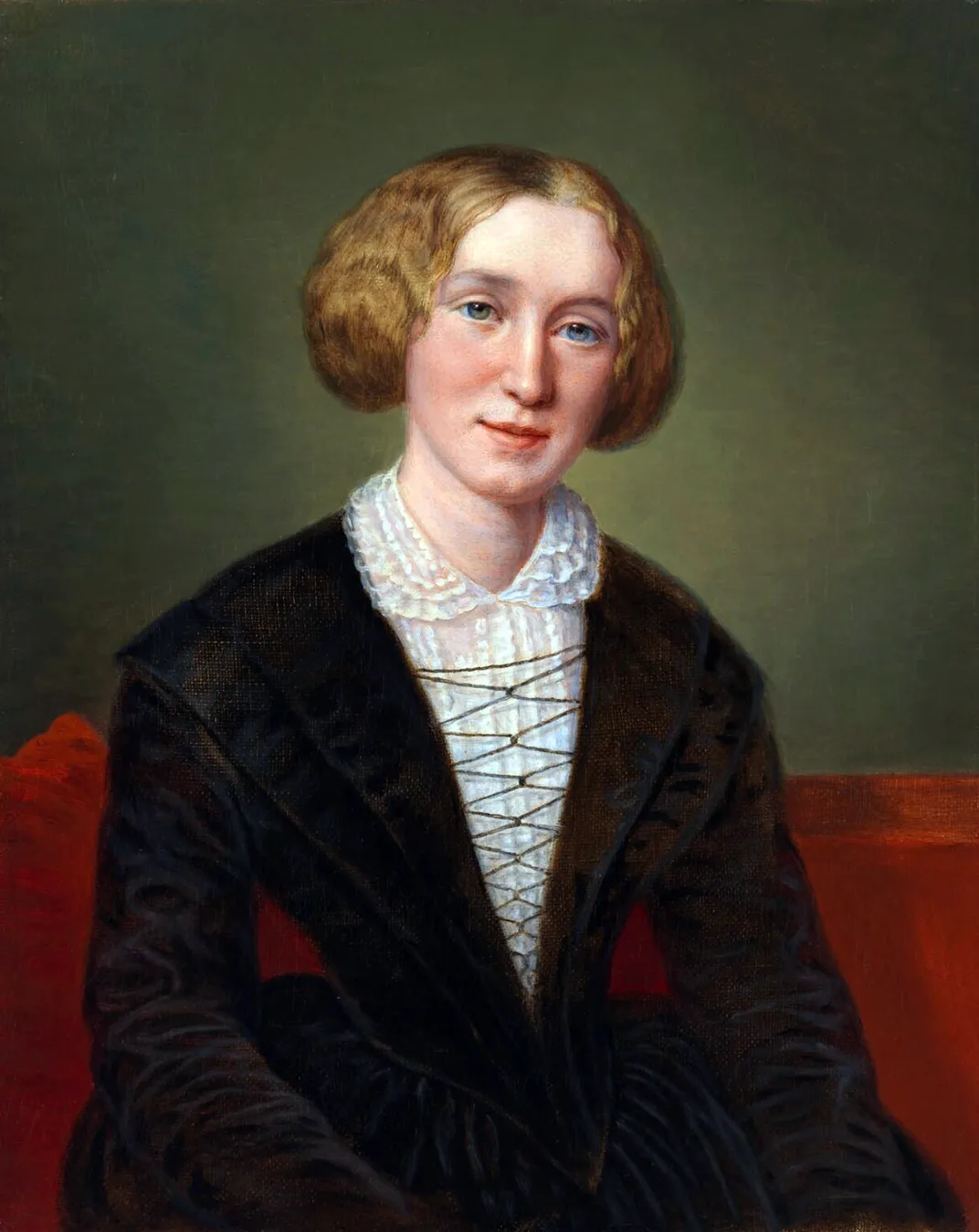 A painted portrait of Eliot, who is white, faces viewer, wearing a black dress with a white lace collar and sitting in front of a red and brown backdrop