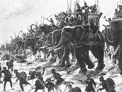 War elephants depicted in the battle of Zama, 202 BC. 