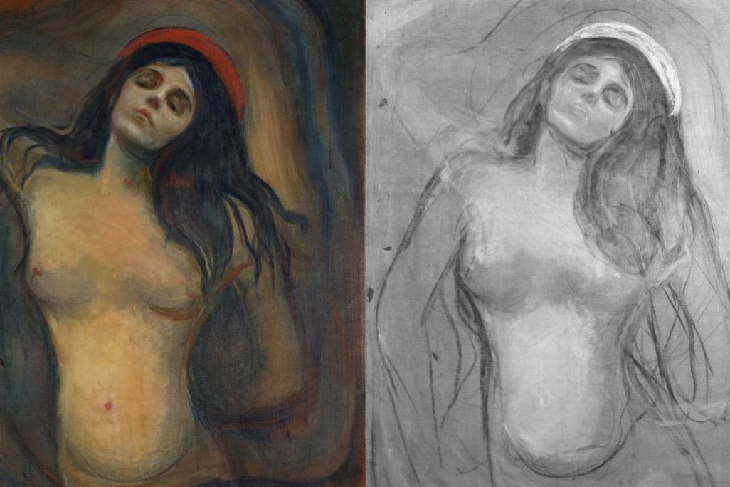 A color version of the image of a nude woman, left, next to a black and white version of the underdrawing for the painting, which shows the woman's arms lowered at her sides
