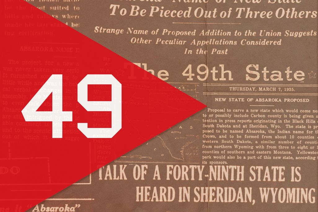 An illustration of Absaroka's proposed flag, overlaid atop newspaper headlines about the movement