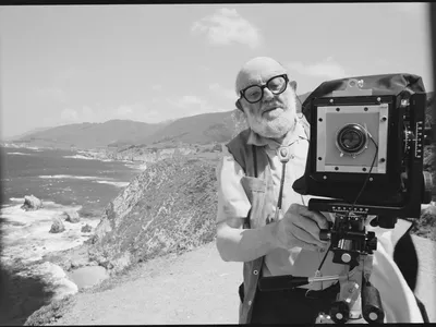 Photographer Ansel Adams adjusting his camera