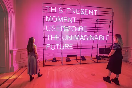 &quot;This Present Moment: Crafting a Better World,&quot; featuring Alicia Eggert&#39;s stunning 2019-2020 neon sculpture, is on view at the Renwick Gallery of the Smithsonian American Art Museum.