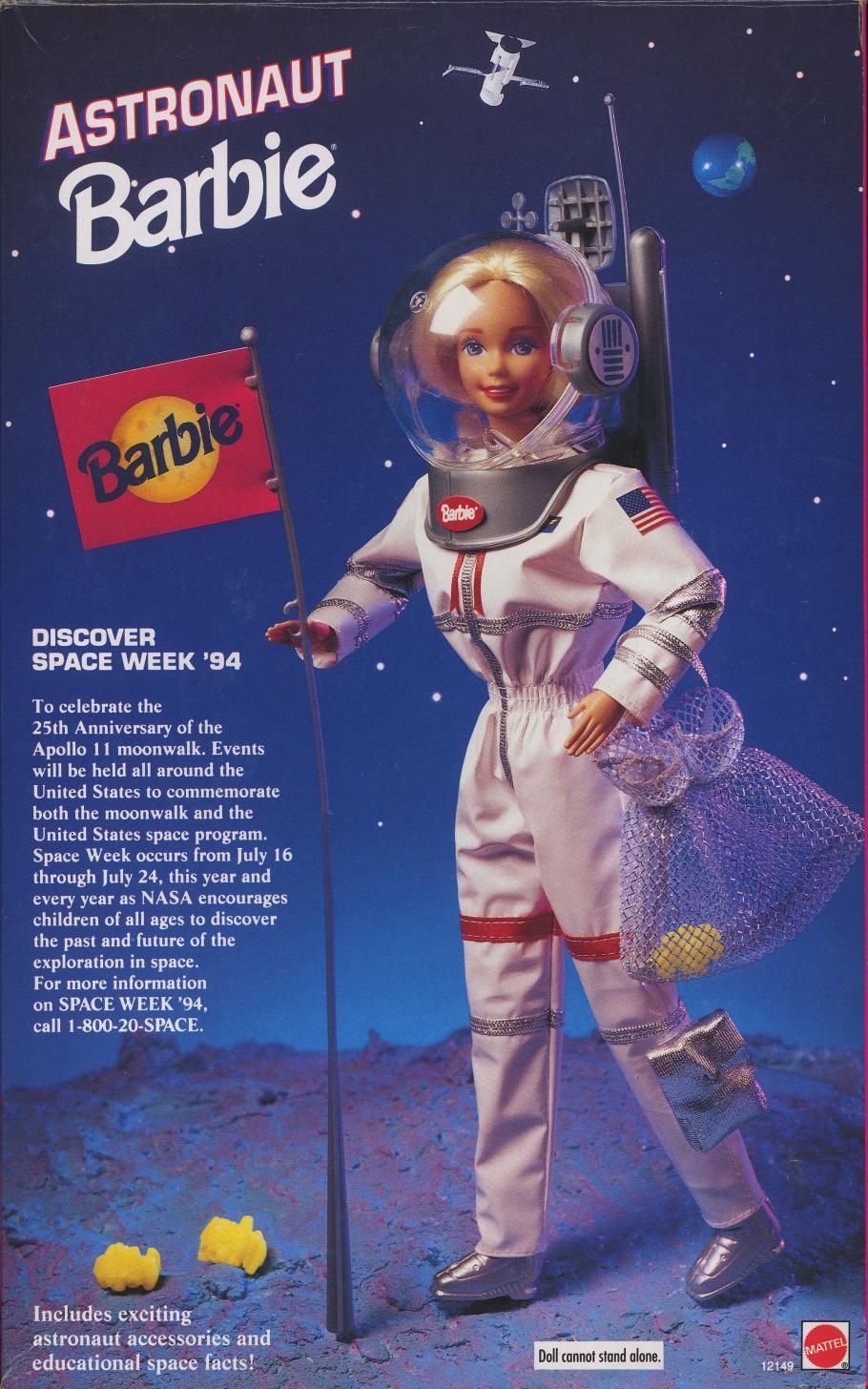 The back of the box that 1994 Astronaut Barbie was sold in. It depicts Barbie walking on the Moon while wearing a white spacesuit and planting a Barbie flag into the ground.