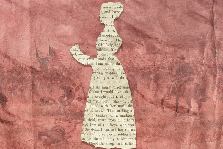 A silhouette of a woman in front of a depiction of the Battle of Antietam