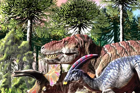 An illustration depicting some of the dinosaurs that roamed the Earth during the Late Cretaceous. 