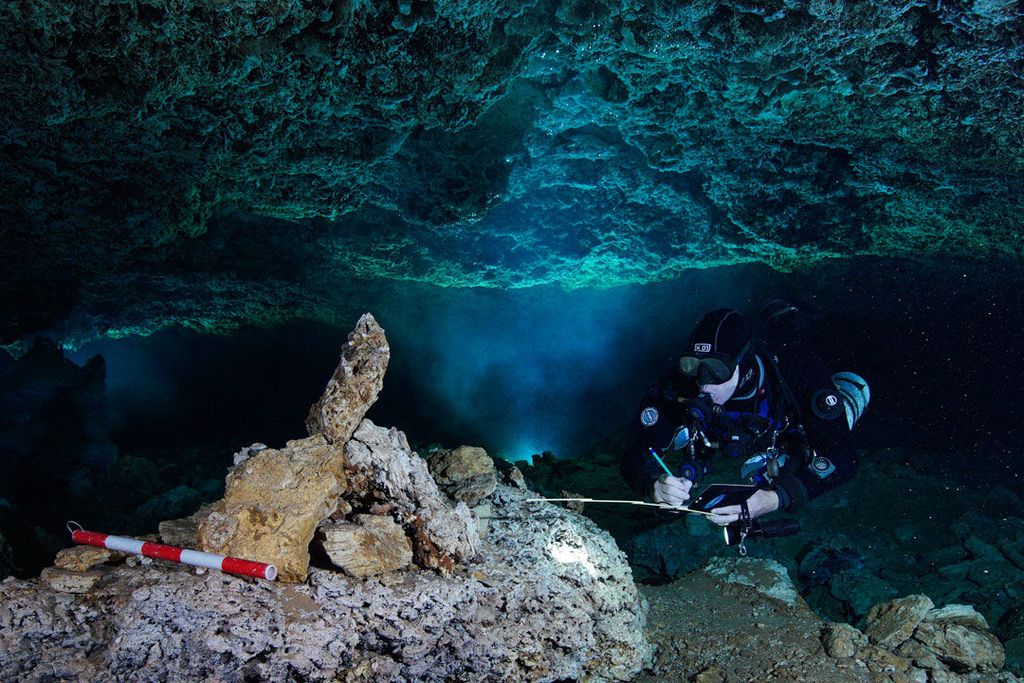 Diver examines rock pile