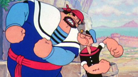 Bluto (in the role of Sindbad) and Popeye face off