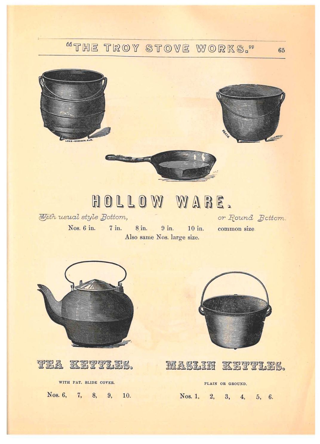 Trade catalog page with illustrations of 19th century cast iron cookware