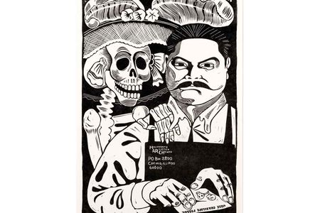 Carlos A. Cortéz, "José Guadalupe Posada," 1981, signed 1983, linocut on paper mounted on paperboard