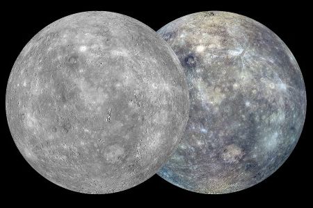 A black and white (left) and color (right) map of Mercury’s surface.