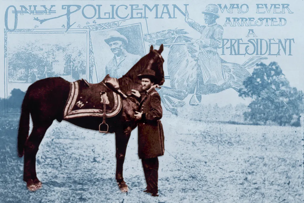 Illustration of Ulysses S. Grant with his racehorse Cincinnati, overlaid on a newspaper article about his 1872 arrest