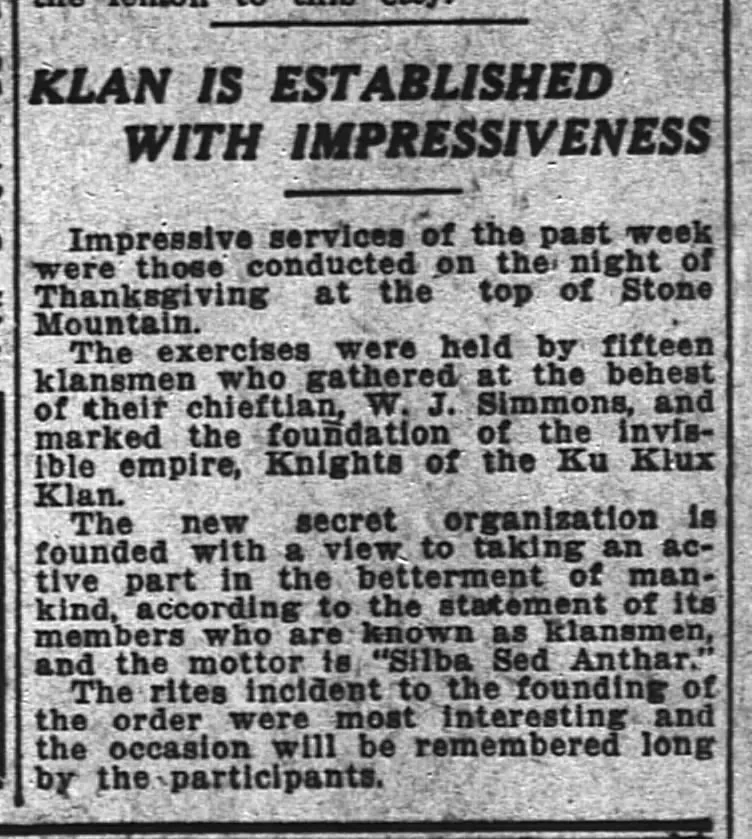 A small article reads KLAN IS ESTABLISHED WITH IMPRESSIVENESS, describes revival of Klan in positive light