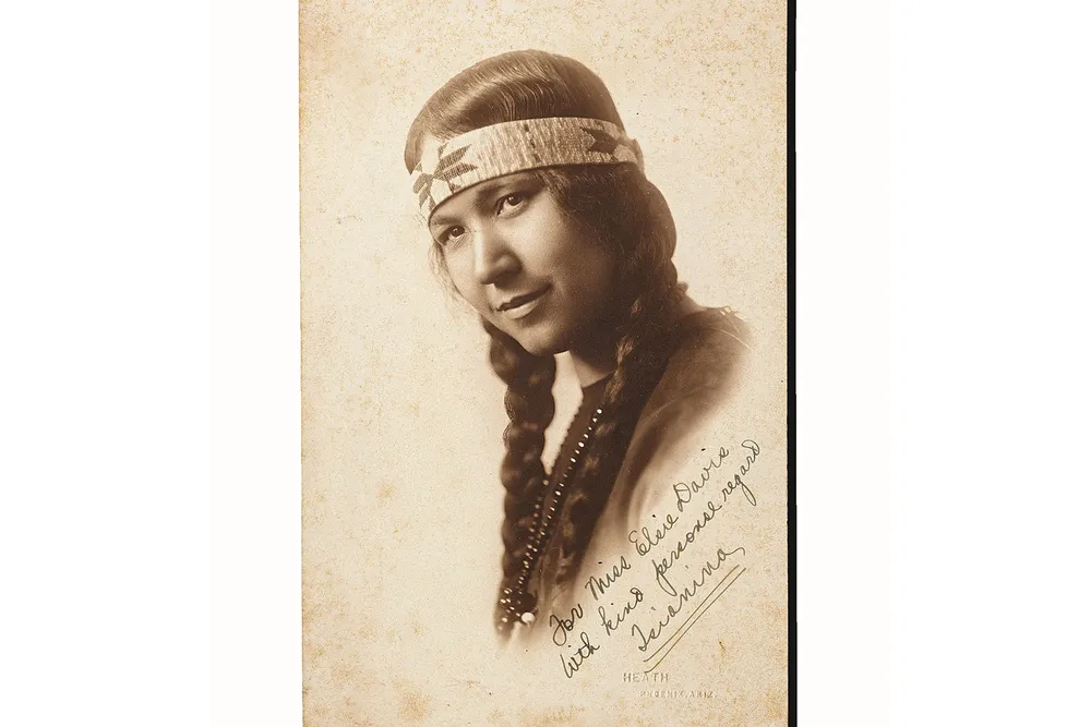 Portrait of Tsianina Redfeather, side view with writing