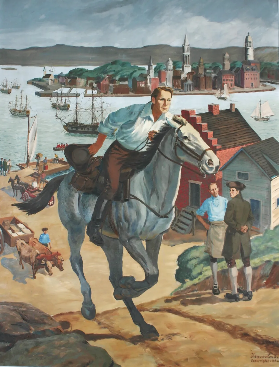 Painting of Austin Roe riding to Setauket from the Brooklyn Ferry