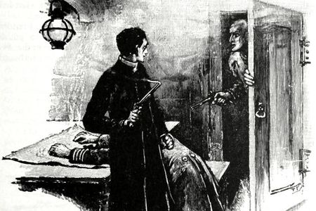 Mutineers walk in on a chaplain "with a smoking pistol in his hand" in the Arthur Conan Doyle short story "The Adventure of the Gloria Scott."