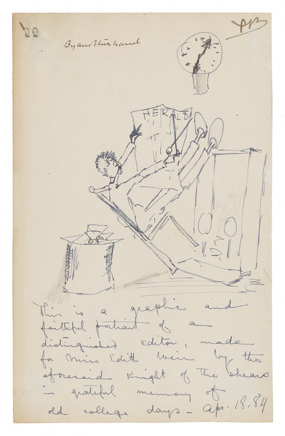 Illustrated note in blue ink with a sketch of a man reading a newspaper while leaning back in a char. He is wearing slippers and has his feet propped up on a fireplace mantle. There is a clock on the wall and box behind his chair.