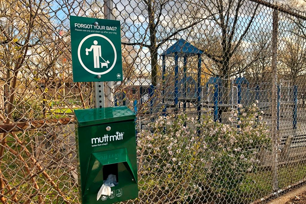A container with dog waste pick up bags outside a park in New York City.