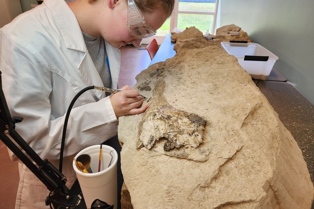 a student in a white lab coat and safety goggles holds a pen-like instrument to a fossil protruding from rock