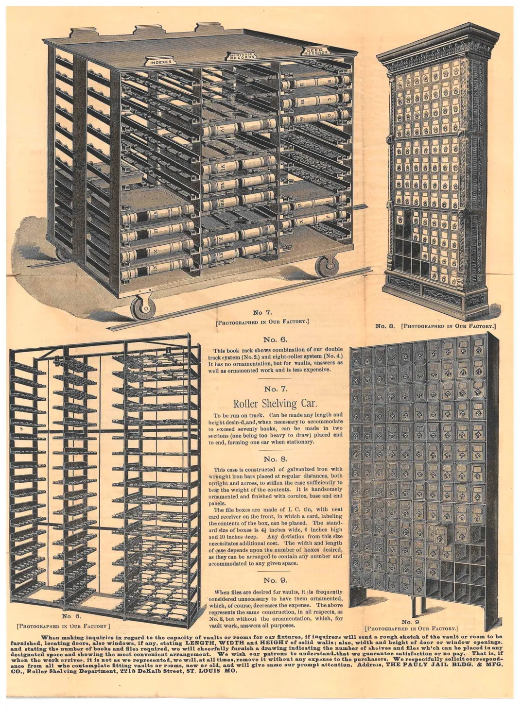 Page from 19th century trade catalog with black and white illustrations of filing systems