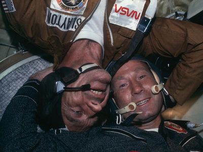 Deke Slayton (left) and Alexei Leonov made their first and second spaceflights, respectively, on Apollo-Soyuz. Slayton was one of NASA's original Mercury astronauts, but had been grounded for years due to a medical condition. Ten years earlier, Leonov had been the first human to walk in space. 