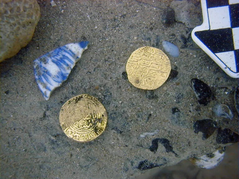 Two gold coins and bit of blue pottery resting on sand
