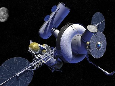 A way station and staging area for human missions to Mars and other deep space destinations could be positioned at an Earth-Moon libration point. This artwork shows a staging node at L-1.