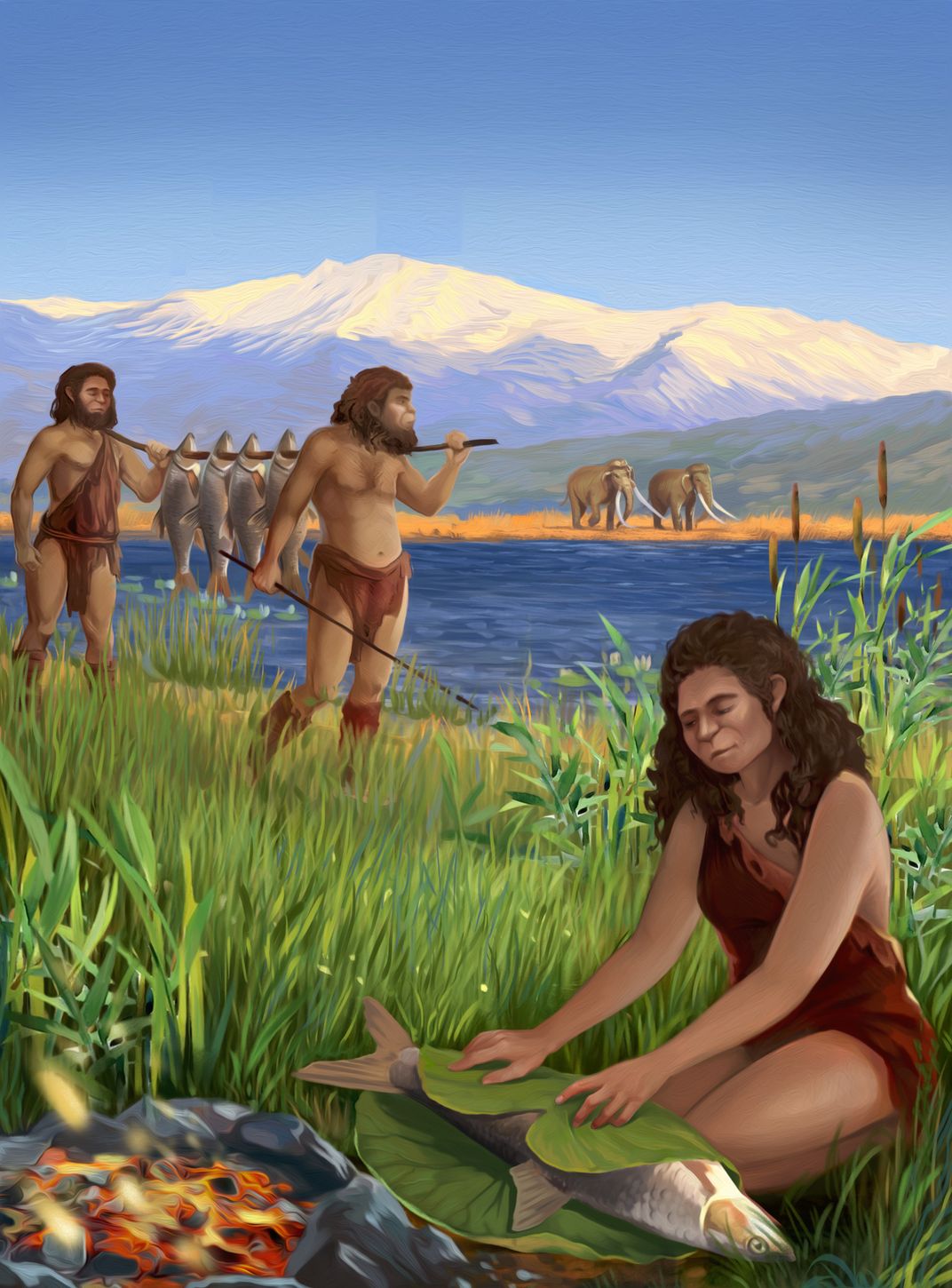 Illustration of hominids preparing fish