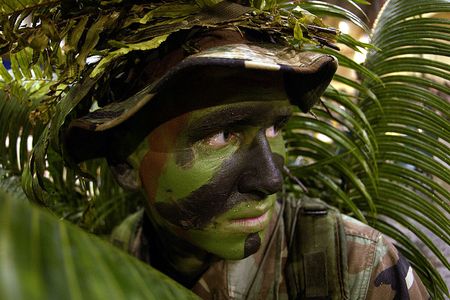 Airman 1st Class Nathan Fitzwater uses camouflaging and face point to maintain his cover at Anderson Air Force Base, Guam.