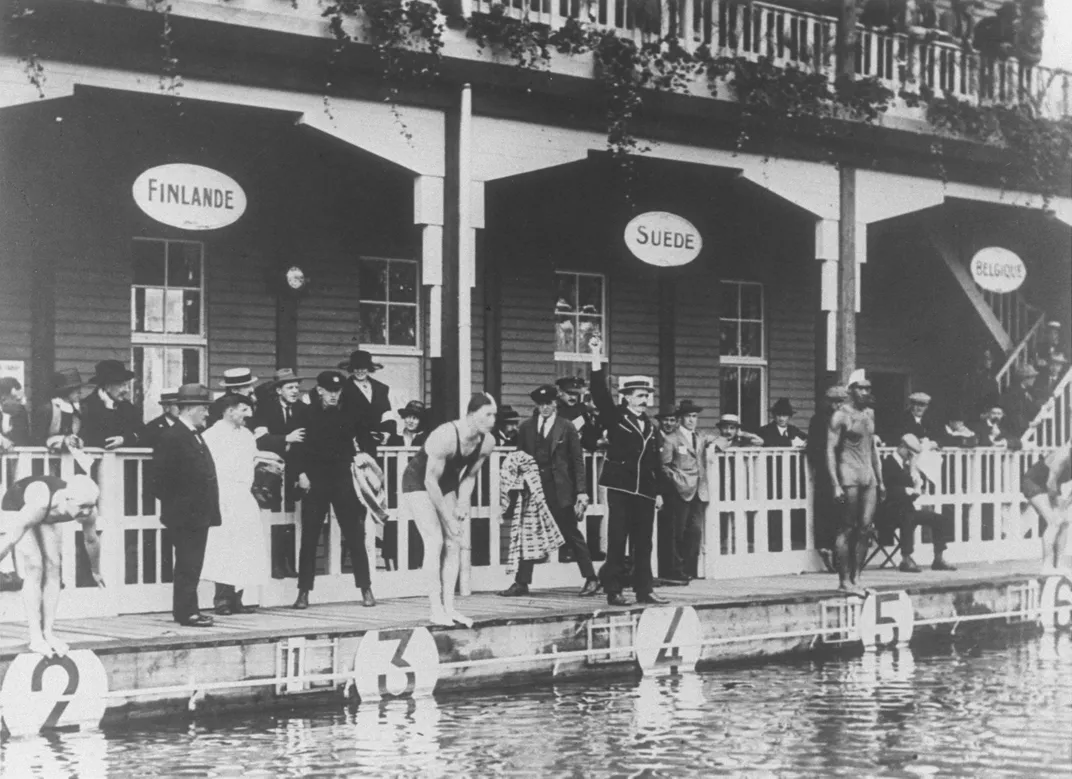 Kahanamoku (in lane 5) at the 1920 Summer Olympics in Antwerp, Belgium