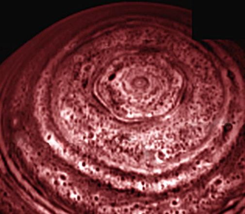 An odd hexagonal feature in Saturn's clouds.