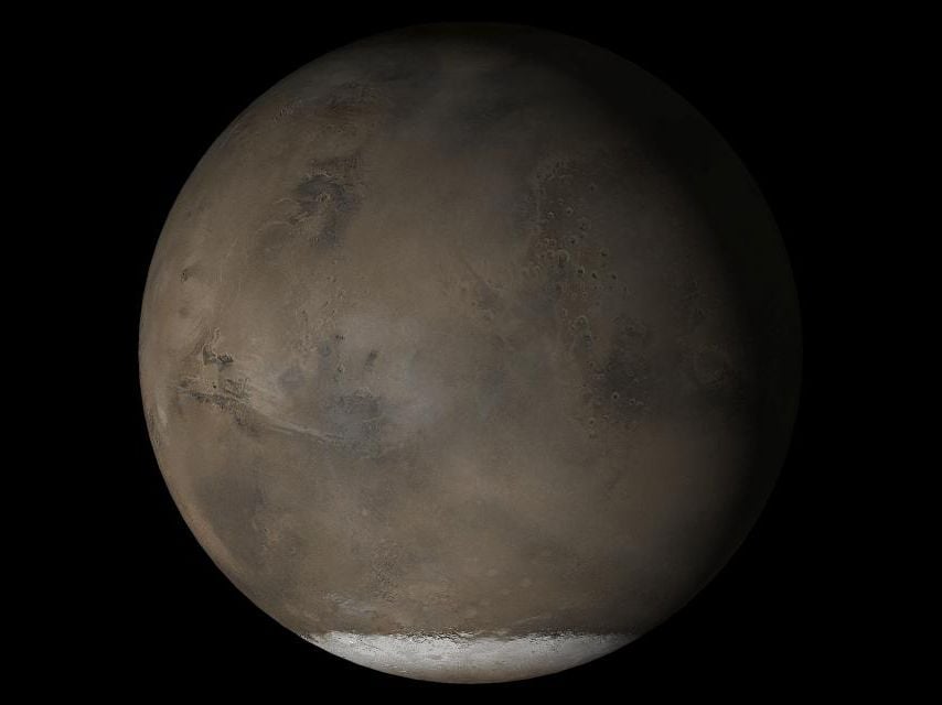 A composite image shows Mars from the side, emphasizing the southern polar ice cap