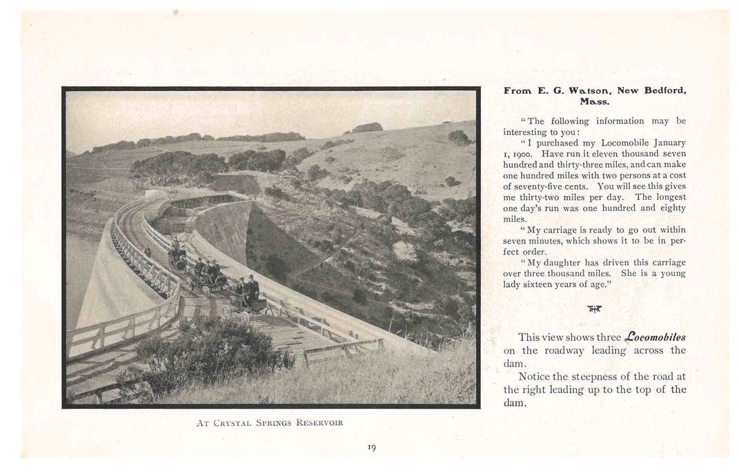 Trade catalog page with photo of roadway surrounded by hills and text describing locomobile.