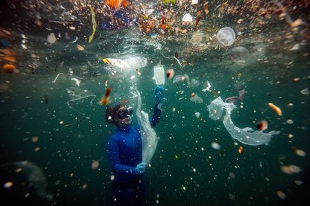 Turkish world-record-holding free-diver Sahika Ercumen swims amid plastic waste on June 27, 2020, to raise awareness about plastic pollution.