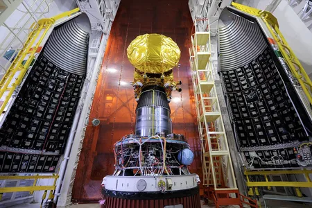 The Mars Orbiter Mission spacecraft attached to its rocket, just before being closed inside the launch shroud. 