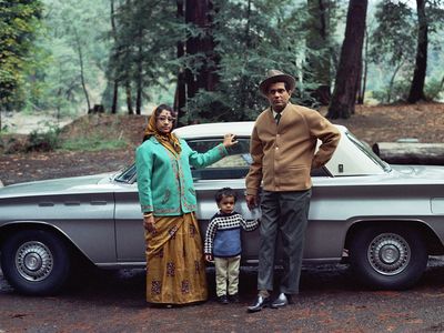 Family photographs collected from around the United States are featured in Beyond Bollywood. Here, Pandit Shankar Ghosh, Shrimati Sanjukta Ghosh, with Vikram (Boomba) Ghosh at Samuel P. Taylor State Park, Lagunitas, Calif., ca. 1970. 