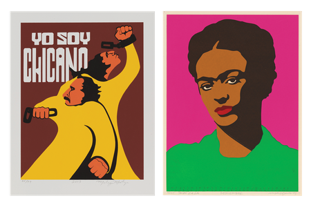 LEFT: Malaquias Montoya, Yo Soy Chicano, 1972 (reprinted in collaboration with Dignidad Rebelde, 2013). Gift of Gilberto Cárdenas and Dolores García © 1972, Malaquias Montoya (2019.51.1)
RIGHT: Rupert García, Frida Kahlo (September), ​​​​​from Galería de la Raza 1975 Calendario, 1975.
Gift of the Margaret Terrazas Santos Collection, Smithsonian American Art Museum © 1975, Rupert García (2019.52.19)