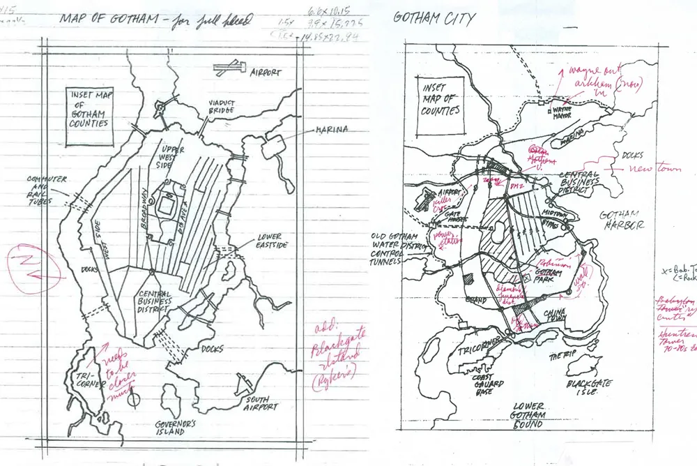 Early development drawings for the map of Gotham, courtesy Eliot R. Brown