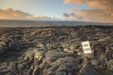 Lava blocking the roadway on the South Coast