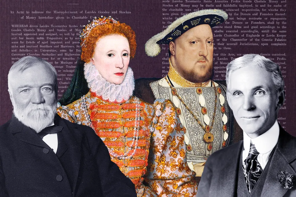 L to R: Andrew Carnegie, Elizabeth I, Henry VIII and Henry Ford