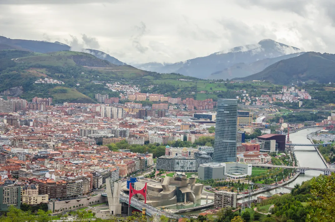 The city of Bilbao, with the Guggenheim Museum, set amid the Basque countryside