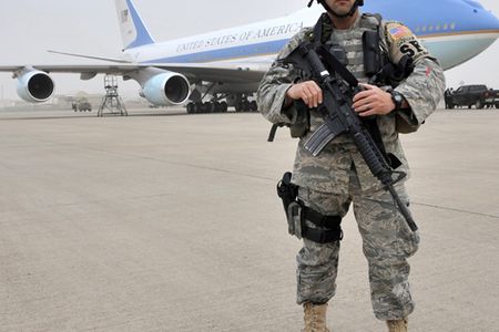 090407-F-1125C-110.jpg 
SATHER AIR BASE, Iraq, - Staff Sgt. Matthew Smith, a 447th Expeditionary Security Forces Squadron member, guards Air Force One April 7 on the flightline here. Members of the 447th ESFS protected Air Force One while President Barack Obama spoke to a crowd of nearly 1,500 servicemembers, government civilians and contractors at Al Faw Palace, Camp Victory, Iraq, during an unannounced visit to Iraq. The visit marked the president's first trip to Iraq since taking office. (U.S. Air Force Photo by Staff Sgt. Amanda Currier)