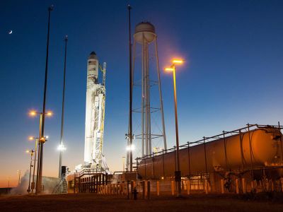 An Orbital Sciences Antares rocket, still on the launch pad after last night’s scrub. 