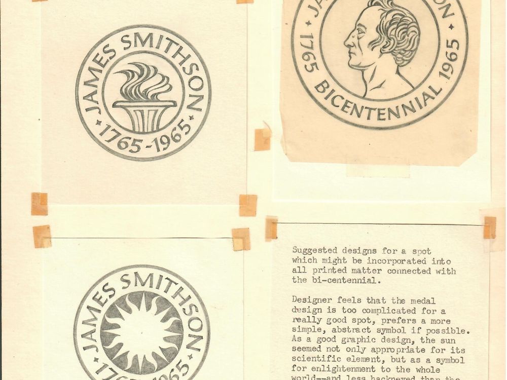 Crimilda Pontes created several designs for the James Smithson Bicentennial in 1965, including what would become the Institution's signature sunburst. (Smithsonian Archives, Acc. 89-024, Box 4., Smithsonian Institution Archives)