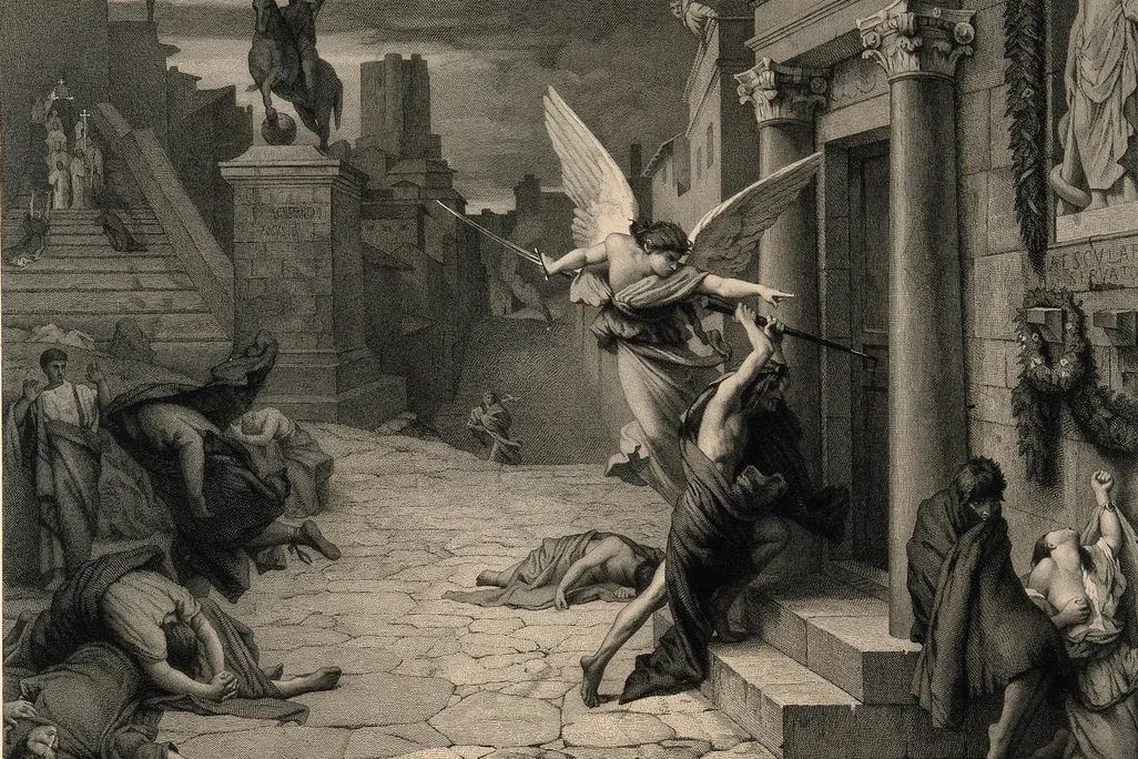 engraving of angel of death striking door