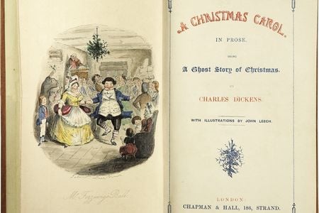 The first edition of A Christmas Carol. The illustration on the left is of Mr. Fezziwig's ball, one of Scrooge's good memories. 